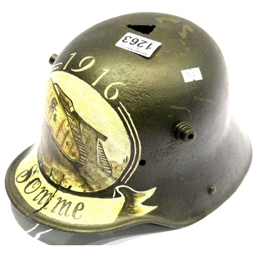 1263 - WW1 M16 Stahlhelm. This helmet was found on the Somme, Post war painted as a memorial. P&P Group 2 (... 