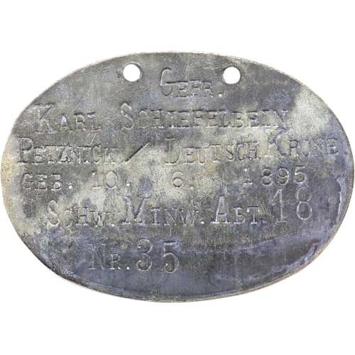 1232 - WWI Imperial German Dog Tag. P&P Group 1 (£14+VAT for the first lot and £1+VAT for subsequent lots)