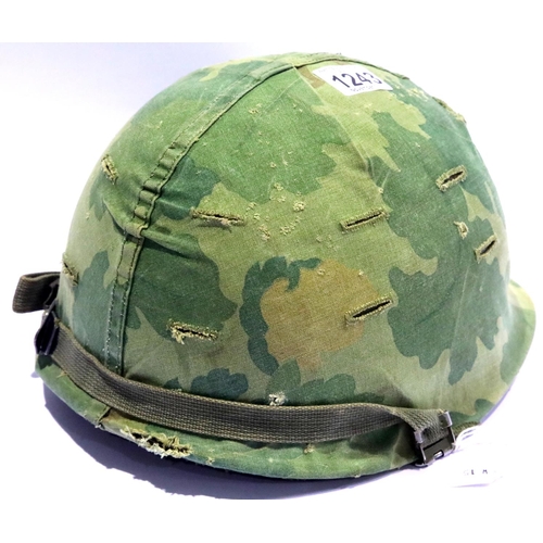 1243 - Vietnam War Era US M1 Helmet with reversible Mitch Cam cover and 1965 dated liner. P&P Group 2 (£18+... 