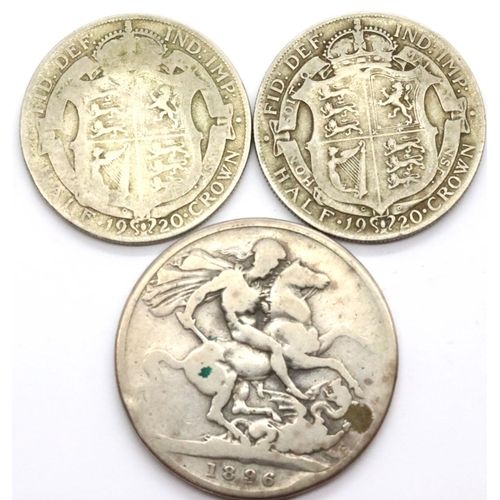 1185 - Two George V half crowns 1920 and a Victorian A/F 1896 crown. P&P Group 1 (£14+VAT for the first lot... 