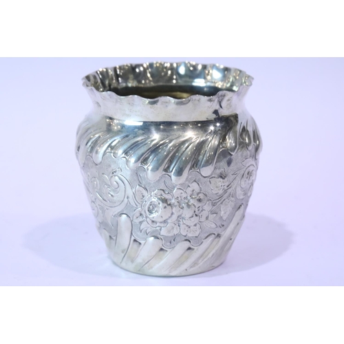 1319 - Victorian hallmarked silver pot with repousse floral design, 80g. P&P Group 1 (£14+VAT for the first... 