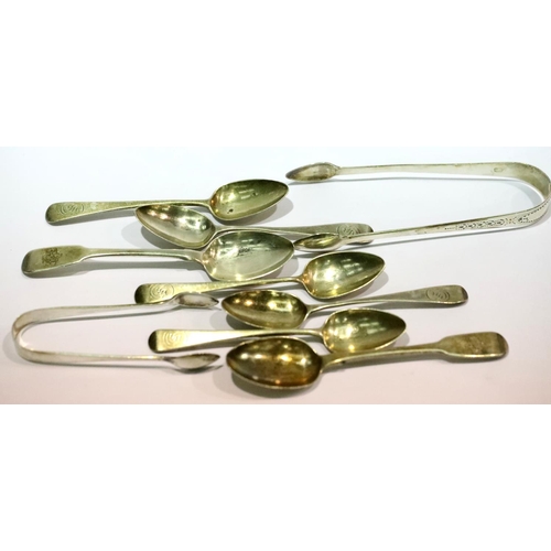 1336 - Mixed hallmarked silver teaspoons and tongs including Georgian, combined 155g. P&P Group 1 (£14+VAT ... 