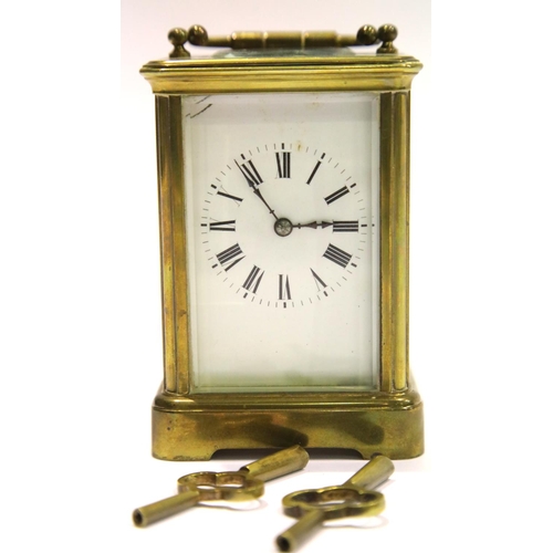 1284 - French brass carriage clock by Aiguilles with two keys. P&P Group 3 (£25+VAT for the first lot and £... 