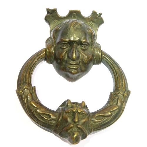 1289 - Georgian cast bronze door knocker with Cernunnos mask and gentleman's head, H: 18 cm. P&P Group 2 (£... 