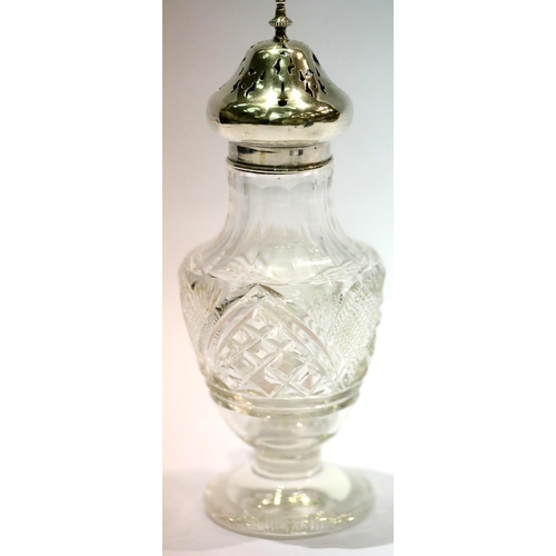 1324 - Cut glass silver topped sugar castor hallmarked Birmingham 1912, H: 20 cm, W; 8 cm. P&P Group 2 (£18... 