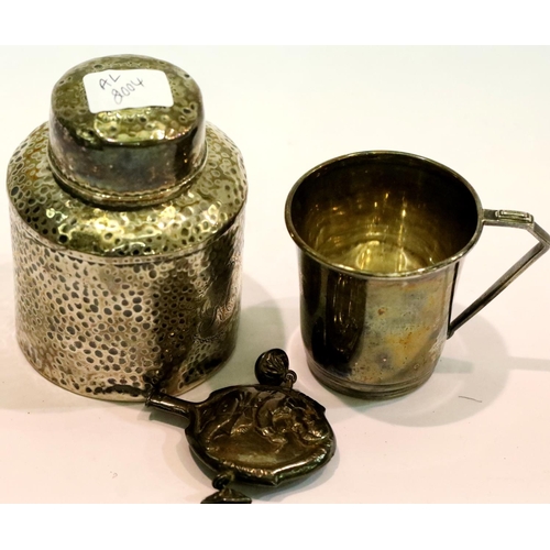 1332 - Hammered hallmarked silver tea caddy,  silver Christening cup and rattle depicting little Jack Horne... 