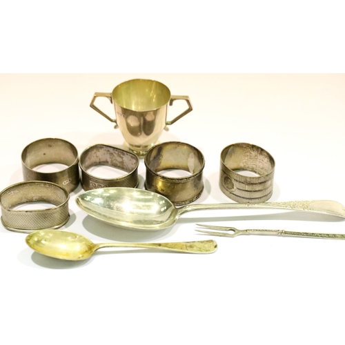 1334 - Selection of hallmarked silver items including four napkin rings, combined 228g. P&P Group 1 (£14+VA... 