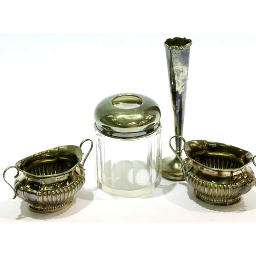 1335 - Two hallmarked silver open salts, 77g, silver bud vase and a silver dressing table pot. P&P Group 2 ... 