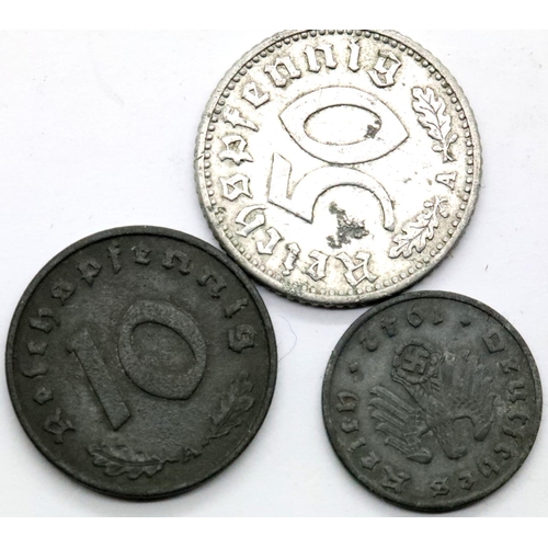 1211E - Three Third Reich coins, 1943, 1943 and 1940 with Swastika and eagle. P&P Group 1 (£14+VAT for the f... 