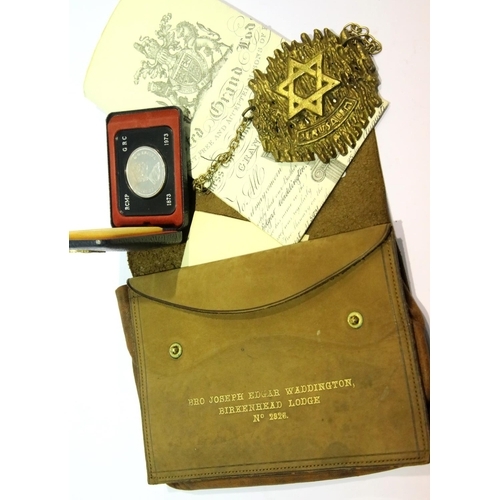 1293 - Leather pouch with the inscription Bro Joseph Waddington Birkenhead Lodge No 2826 and a Epithemia lo... 