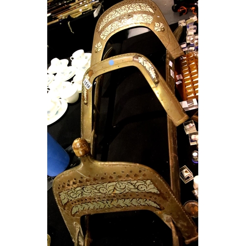 1420 - Antique Far Eastern brass and copper bound duet camel saddle with Arabic description, L: 130 cm. Thi... 