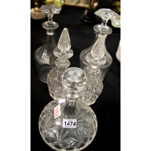 1474 - Two pairs of 19thC cut glass decanters with stoppers and a modern cut glass ships decanter. Not avai... 