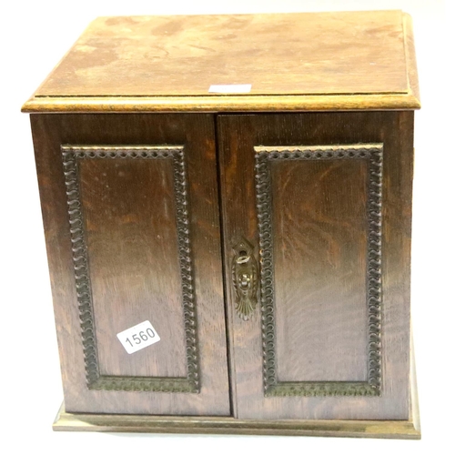 1560 - Oak smokers cabinet with two interior drawers and wooden milking bowl. Not available for in-house P&... 