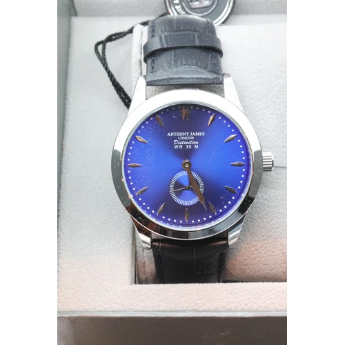 159 - New in box Anthony James blue and silver faced wristwatch on a black leather strap. P&P Group 1 (£14... 