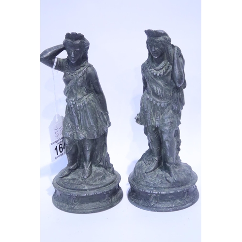 164 - Pair of antique Spelter figurines depicting a hunter and a huntress, H: 22 cm. P&P Group 1 (£14+VAT ... 