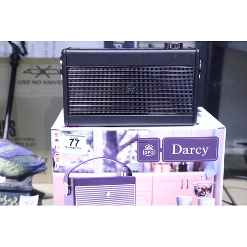 77 - Black GPO Darcy a portable analogue FM / AM radio with alarm clock. Preset 20 radio stations. boxed,... 