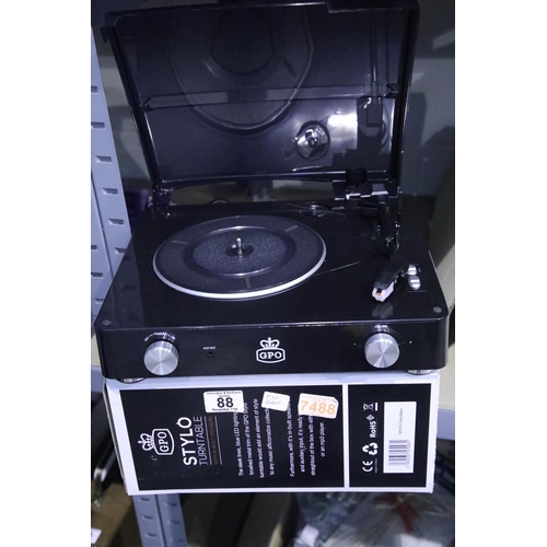 88 - GPO Stylo, black; 3 speed record player, 33, 45 and 78; Aux in 3.5mm for MP3 connection; headphone j... 