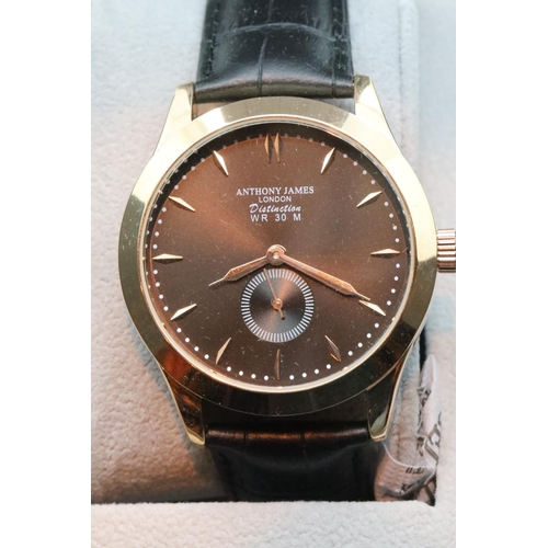 161 - New in box Anthony James black and gold face wristwatch on a black leather strap. P&P Group 1 (£14+V... 