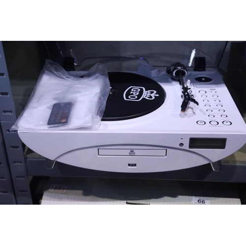 64 - White, Jive Music Centre – 3 speed turntable: 33/45/78; CD/ MP3/ USB player; FM radio & remote contr... 