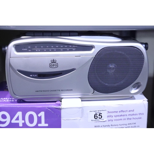 65 - Silver, radio cassette recorder with AM/FM Radio, boxed, GPO 9401. Not available for in-house P&P
