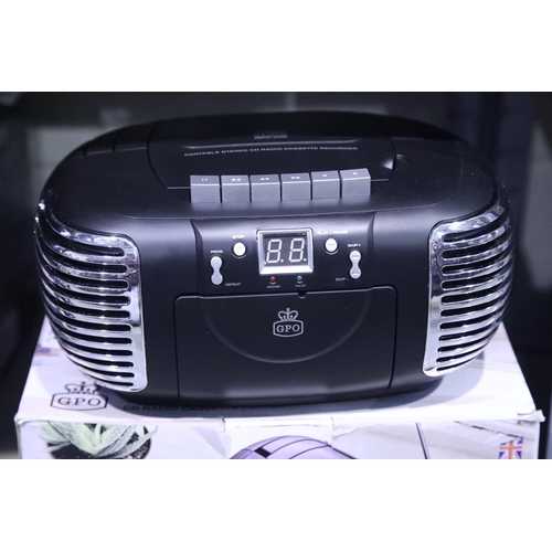 72 - Black, 3-in-1 FM/AM Radio, CD and Cassette player, boxed. GPO PCD299 In working order. Not available... 