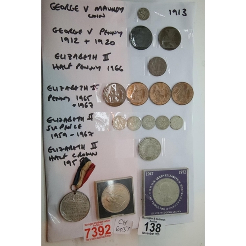 138 - Selection of coins including a 1913 Maundy coin and commemorative example. P&P Group 1 (£14+VAT for ... 