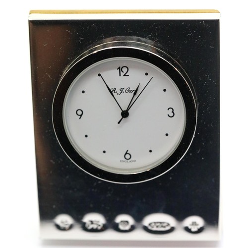 1102 - Boxed Carrs of Sheffield hallmarked silver Millenium clock.  P&P Group 2 (£18+VAT for the first lot ... 