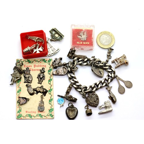 1110 - Silver charm bracelet with additional loose charms. P&P Group 1 (£14+VAT for the first lot and £1+VA... 