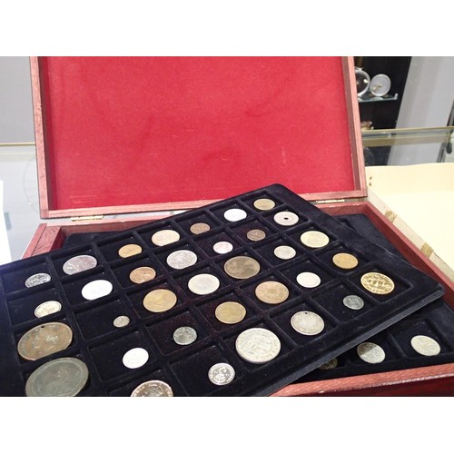 1199 - Coin collection in and Wooden box and trays to include World, Tokens, Silver, Ancient, Hammered and ... 