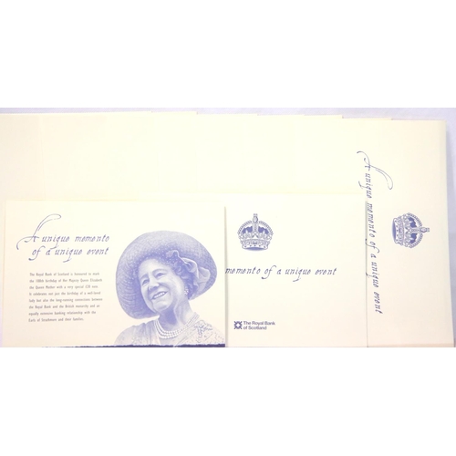 1219 - Eight Queens Mother 100th Birthday £20 notes RBS. P&P Group 1 (£14+VAT for the first lot and £1+VAT ... 