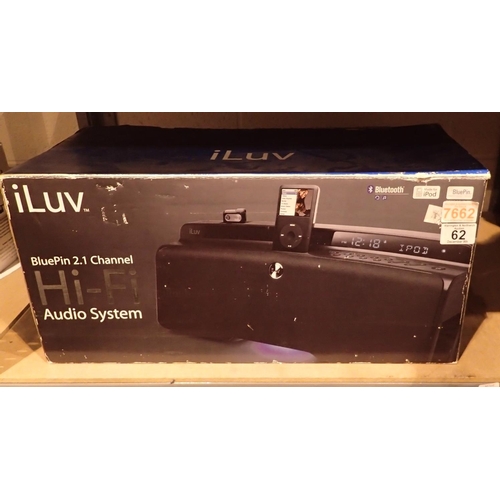 62 - Boxed I Luv blue pin 2-1 channel HiFi audio system. Not available for in-house P&P