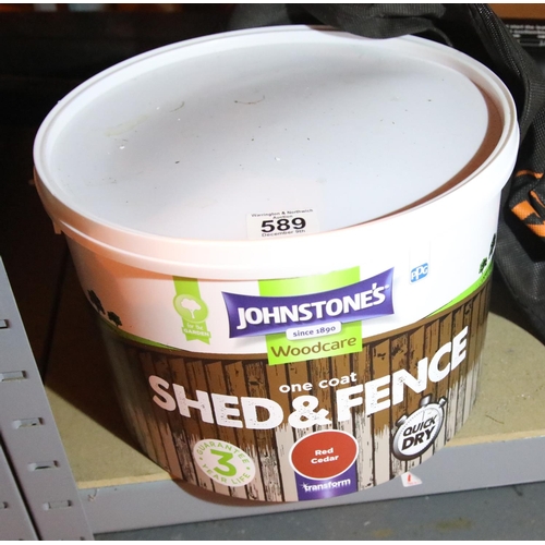 589 - Tub of 9L Johnstone's red cedar fence and shed woodcare. Not available for in-house P&P