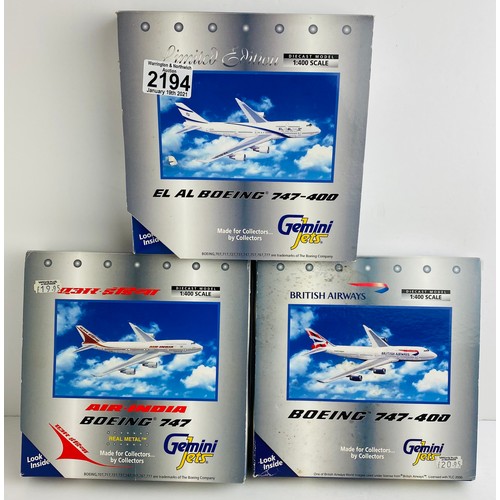 2194 - 3x Gemini Jets 1:400 Scale Aircraft Diecast Model Aircraft - In Boxes (ALL WHEELS PRESENT & OK) P&P ... 