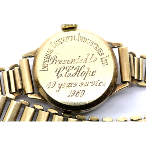 1047 - 9ct gold cased Buren Grand Prix ladies wristwatch, presented as a 40 year service gift from ICI, wor... 