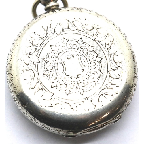 1094 - Ladies presumed silver fob watch, with key, D: 37 mm, 38.5g. P&P Group 1 (£14+VAT for the first lot ... 