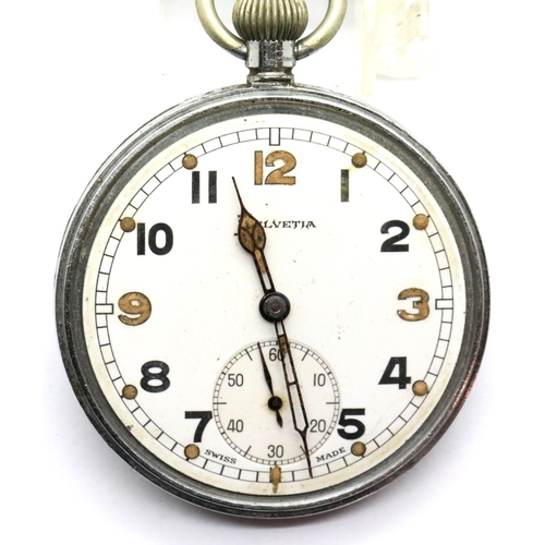 1096 - Military pocket watch by Helvetia marked GS/TP P79756 and crows foot verso, working at time of lotti... 