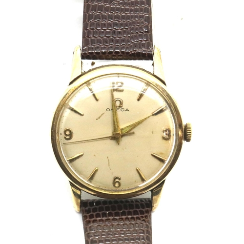 1100 - 9ct gold Omega gents 17 jewel wristwatch with 1960 presentation inscription on an Omega leather stra... 