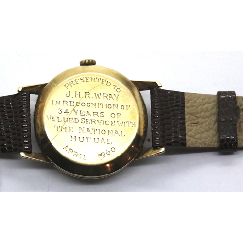 1100 - 9ct gold Omega gents 17 jewel wristwatch with 1960 presentation inscription on an Omega leather stra... 