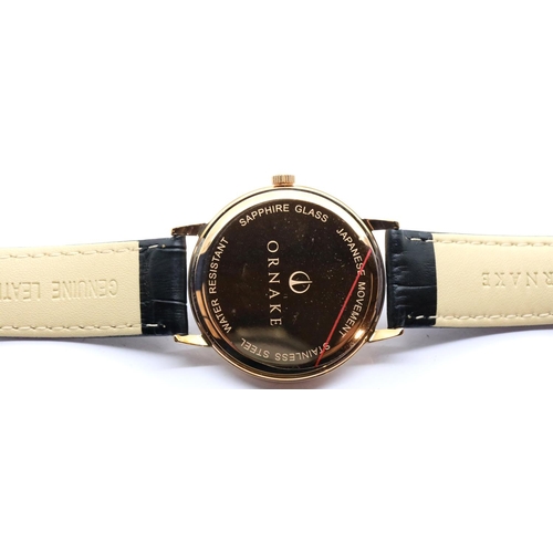 1132 - Boxed Ornake gents wristwatch with Japanese Mituyo movement, black face gold case. P&P Group 1 (£14+... 