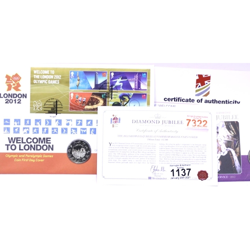 1137 - Two coin stamped envelopes, 2012 Olympics and Diamond Jubilee. P&P Group 1 (£14+VAT for the first lo... 