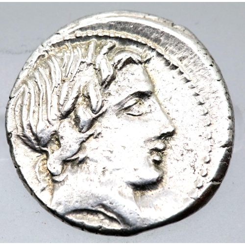 1166 - 86BC early Roman silver Republic Denarius anonymous head of Apollo and Jupiter galloping Quadriga. P... 