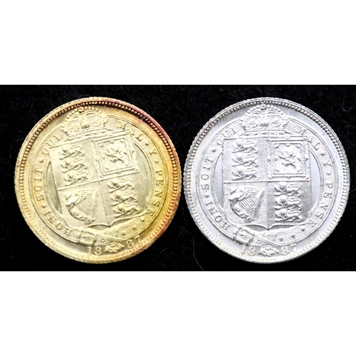 1198 - Two Victoria 1887 Golden Jubilee sixpences, including the gold plated withdrawn example. P&P Group 1... 