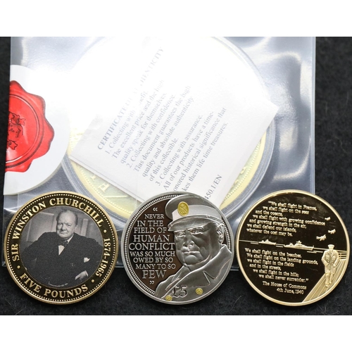 1201 - Winston Churchill, two £5 coins including silver, a further coin and a large Armistice medallion. P&... 