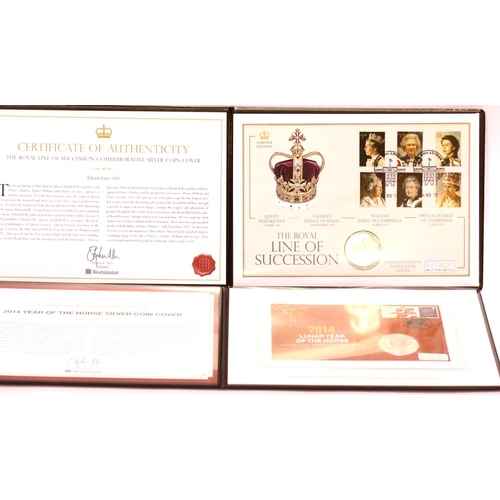 1204 - Three cased Westminster Mint silver coin stamp covers, Trooping the Colour, Line of Succession and Y... 