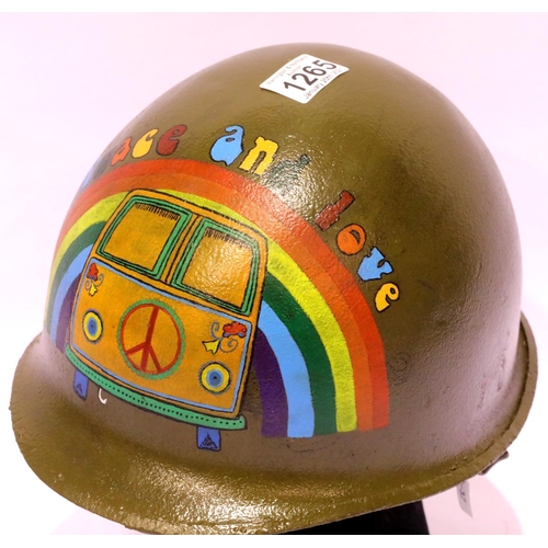 1265 - Vietnam war era helmet with Peace and Love artwork. P&P Group 2 (£18+VAT for the first lot and £3+VA... 