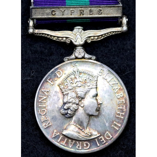 1272 - GSM Cyprus medal with clasp and ribbon. Attributed to Sgt McGreevy R.E. around rim. P&P Group 1 (£14... 