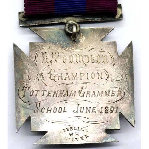 1289 - Victorian sterling silver Tottenham School Champion medal dated 1891 by inscription. P&P Group 1 (£1... 