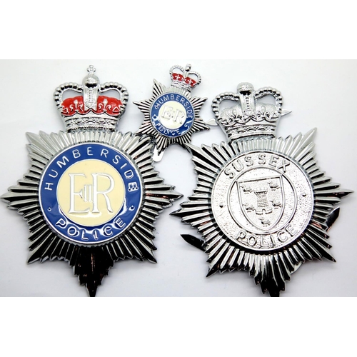 1299 - Sussex Police pressed metal helmet plate, Humberside Police enamelled helmet plate and Humberside Po... 