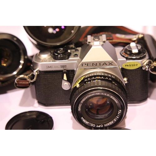 1326 - Pentax ME Super film camera with 1:1.7 50mm lens, Komura Telemore95 lens, Cosinon-W 28mm 1.2 lens, C... 