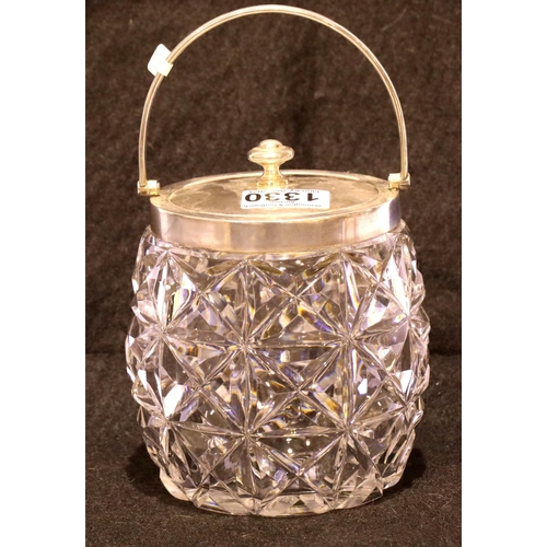 1330 - George VI silver and cut glass biscuit barrel, H: 16cm Sheffield assay 1935. Condition report: Few s... 